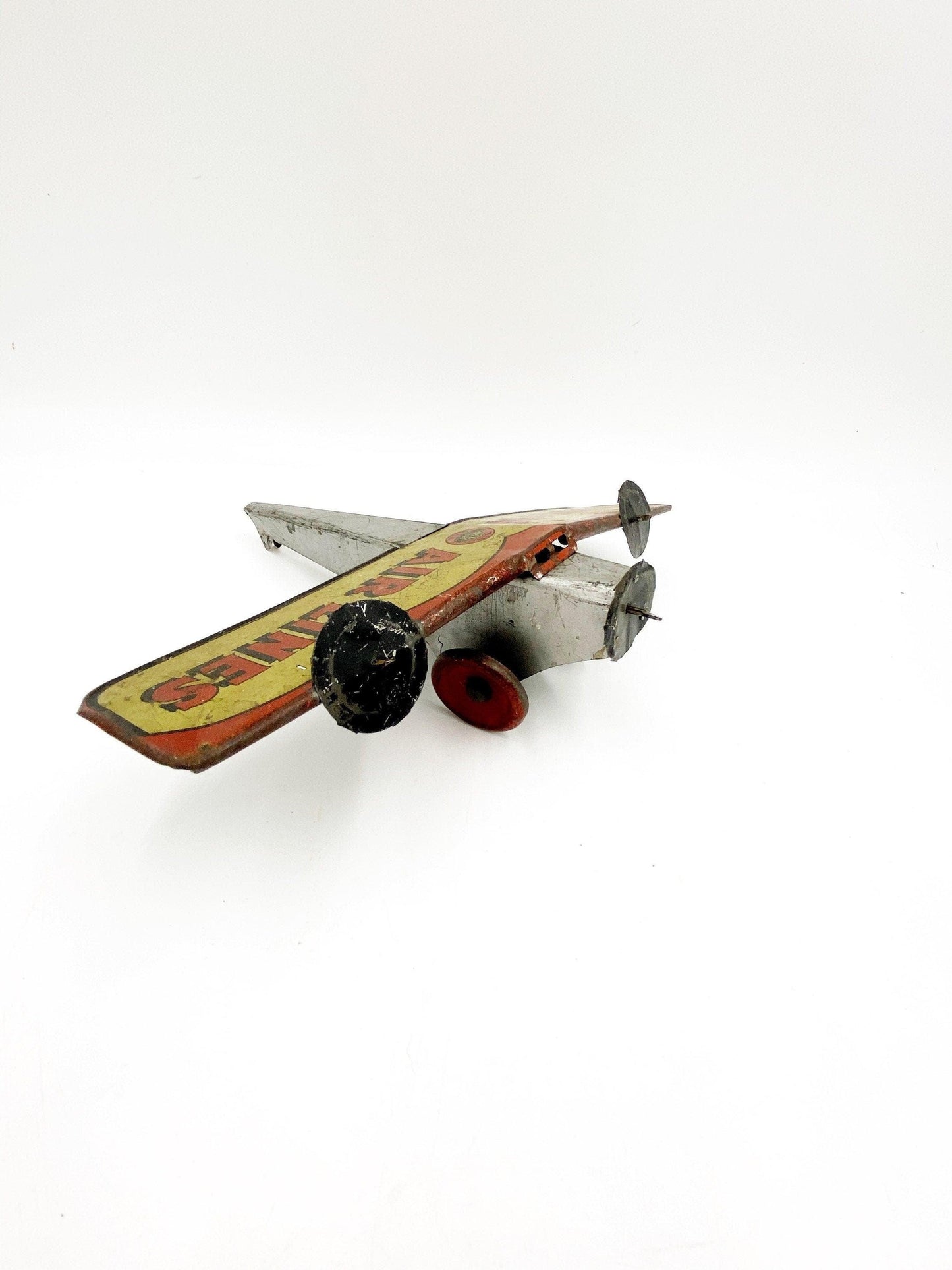 Vintage Toy Airplane, Girard Toys Tin Litho Air Mail Plane, Tri Motor Airlines, Silver Yellow Pretend Play -Located at Funkyhouse Vintage Antique Store, Weiser Idaho