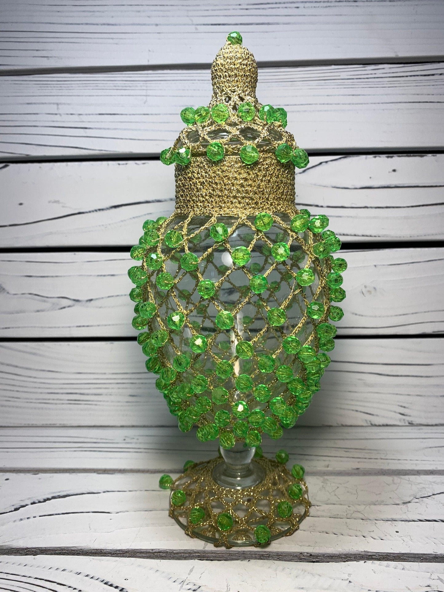 Vintage Vase Clear Glass Covered in Gold Colored Mesh Netting and Green Plastic Beads With Lid -Located at Funkyhouse Vintage Antique Store, Weiser Idaho