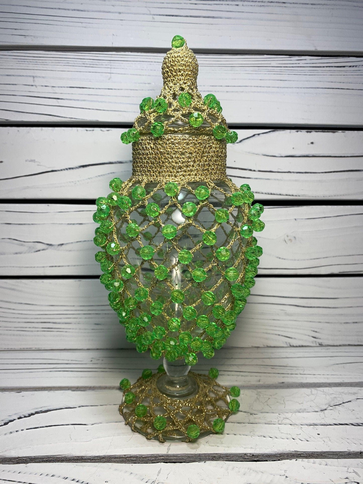 Vintage Vase Clear Glass Covered in Gold Colored Mesh Netting and Green Plastic Beads With Lid -Located at Funkyhouse Vintage Antique Store, Weiser Idaho