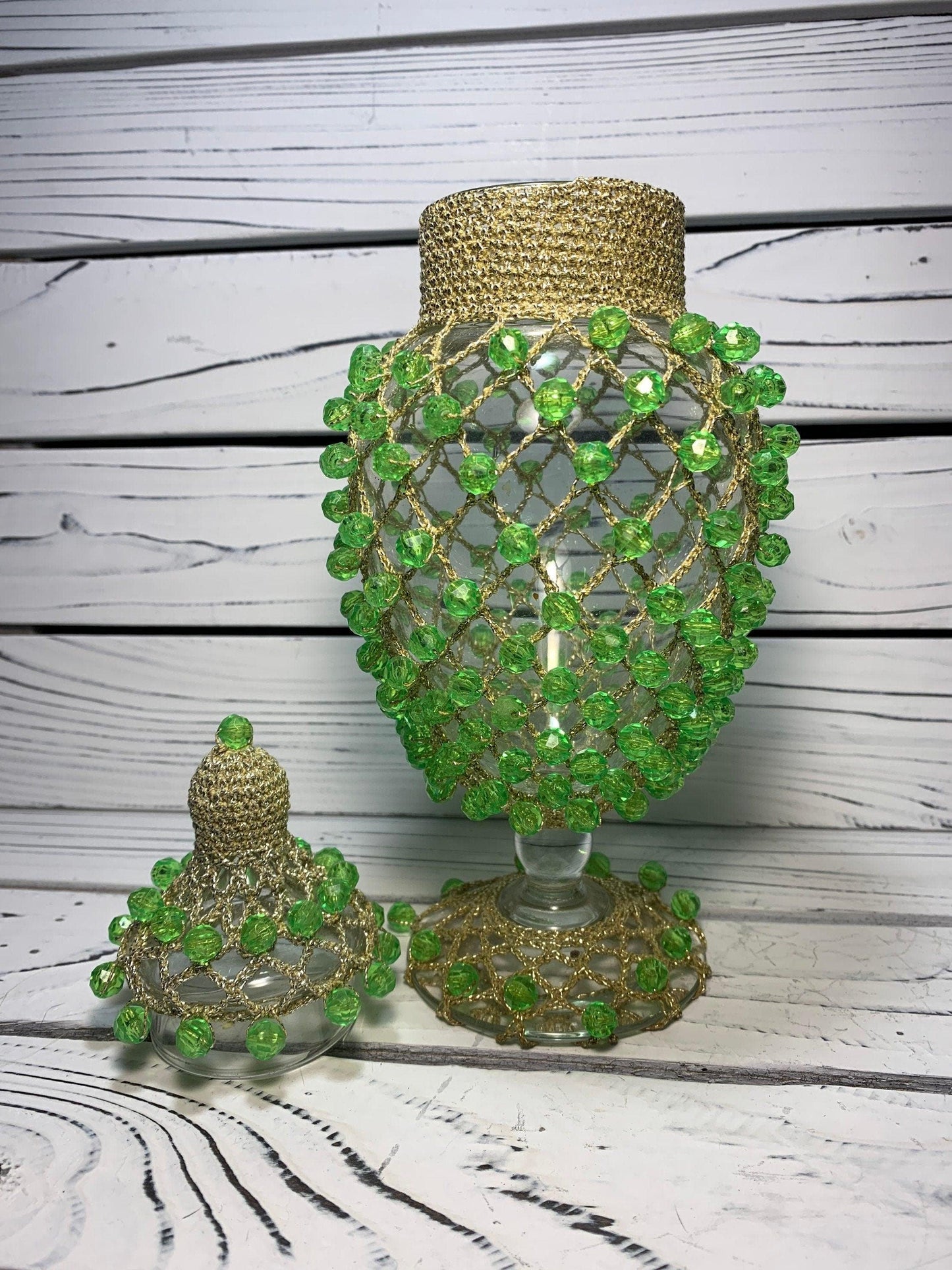 Vintage Vase Clear Glass Covered in Gold Colored Mesh Netting and Green Plastic Beads With Lid -Located at Funkyhouse Vintage Antique Store, Weiser Idaho