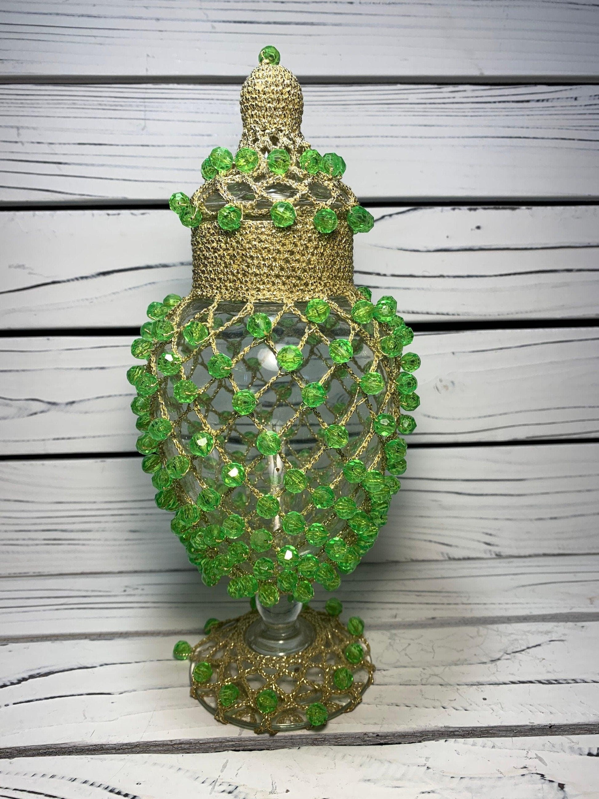 Vintage Vase Clear Glass Covered in Gold Colored Mesh Netting and Green Plastic Beads With Lid -Located at Funkyhouse Vintage Antique Store, Weiser Idaho