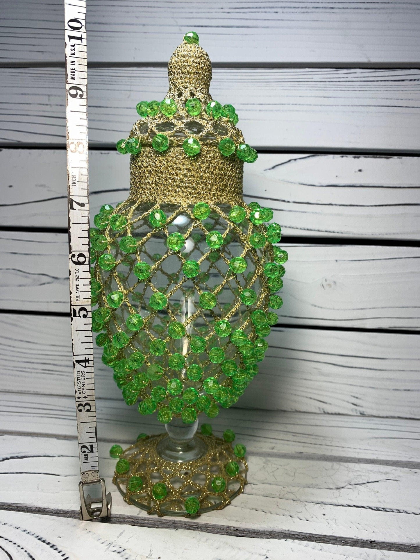 Vintage Vase Clear Glass Covered in Gold Colored Mesh Netting and Green Plastic Beads With Lid -Located at Funkyhouse Vintage Antique Store, Weiser Idaho