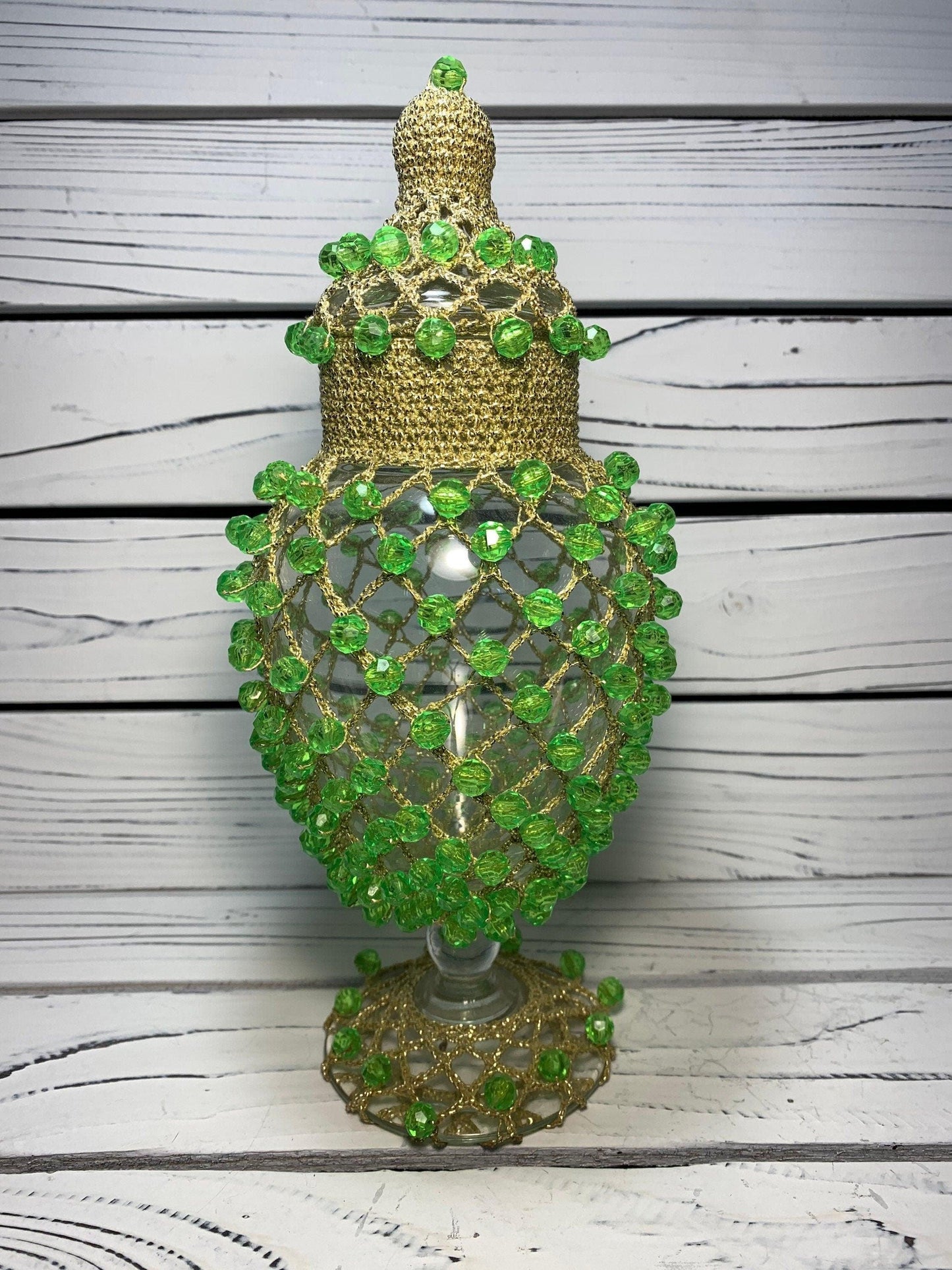 Vintage Vase Clear Glass Covered in Gold Colored Mesh Netting and Green Plastic Beads With Lid -Located at Funkyhouse Vintage Antique Store, Weiser Idaho