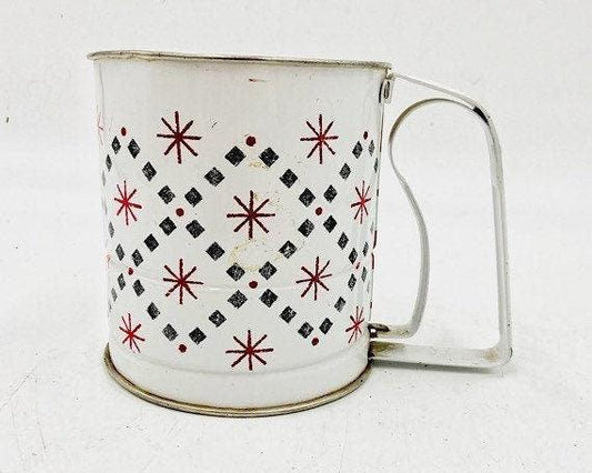 Vintage White Metal Androck Sifter With Red Stars And Blue Dotted Lines, Patriotic Starburst Pattern -Located at Funkyhouse Vintage Antique Store, Weiser Idaho