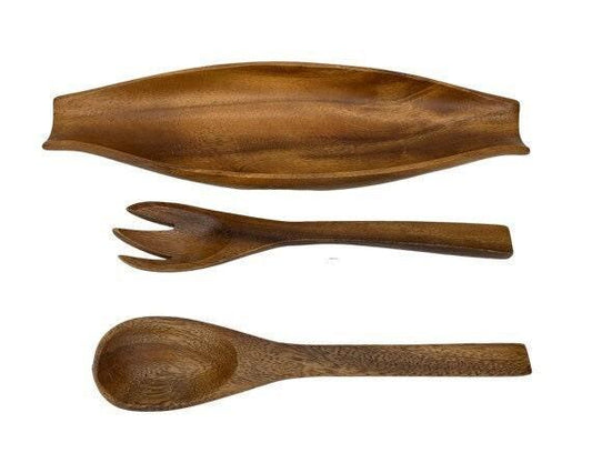 Vintage Wood Serving Bowl and Utensils Set, Mid Century Kitchen Serving Boat, Wooden Serving Fork and Spoon -Located at Funkyhouse Vintage Antique Store, Weiser Idaho