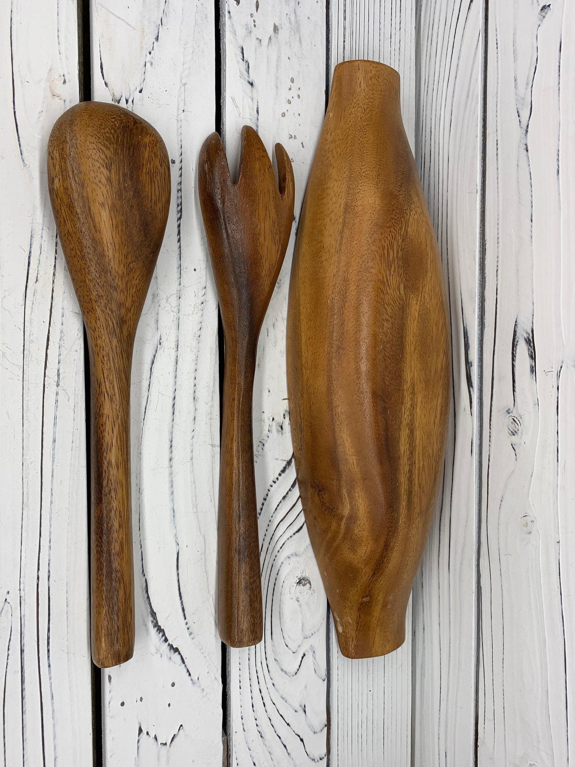 Vintage Wood Serving Bowl and Utensils Set, Mid Century Kitchen Serving Boat, Wooden Serving Fork and Spoon -Located at Funkyhouse Vintage Antique Store, Weiser Idaho