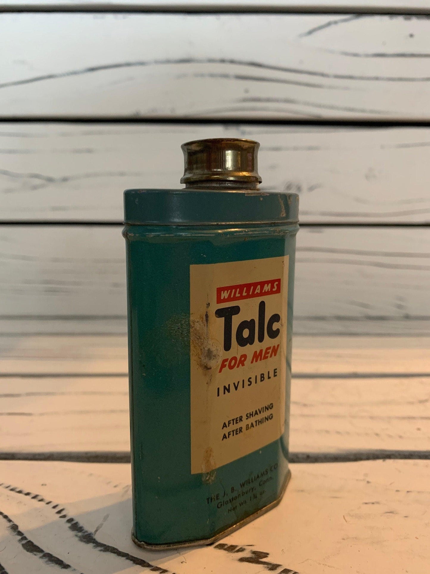Williams Talc for Men Vintage Tin Bottle, Vintage Tin, Vintage Bathroom Decor -Located at Funkyhouse Vintage Antique Store, Weiser Idaho