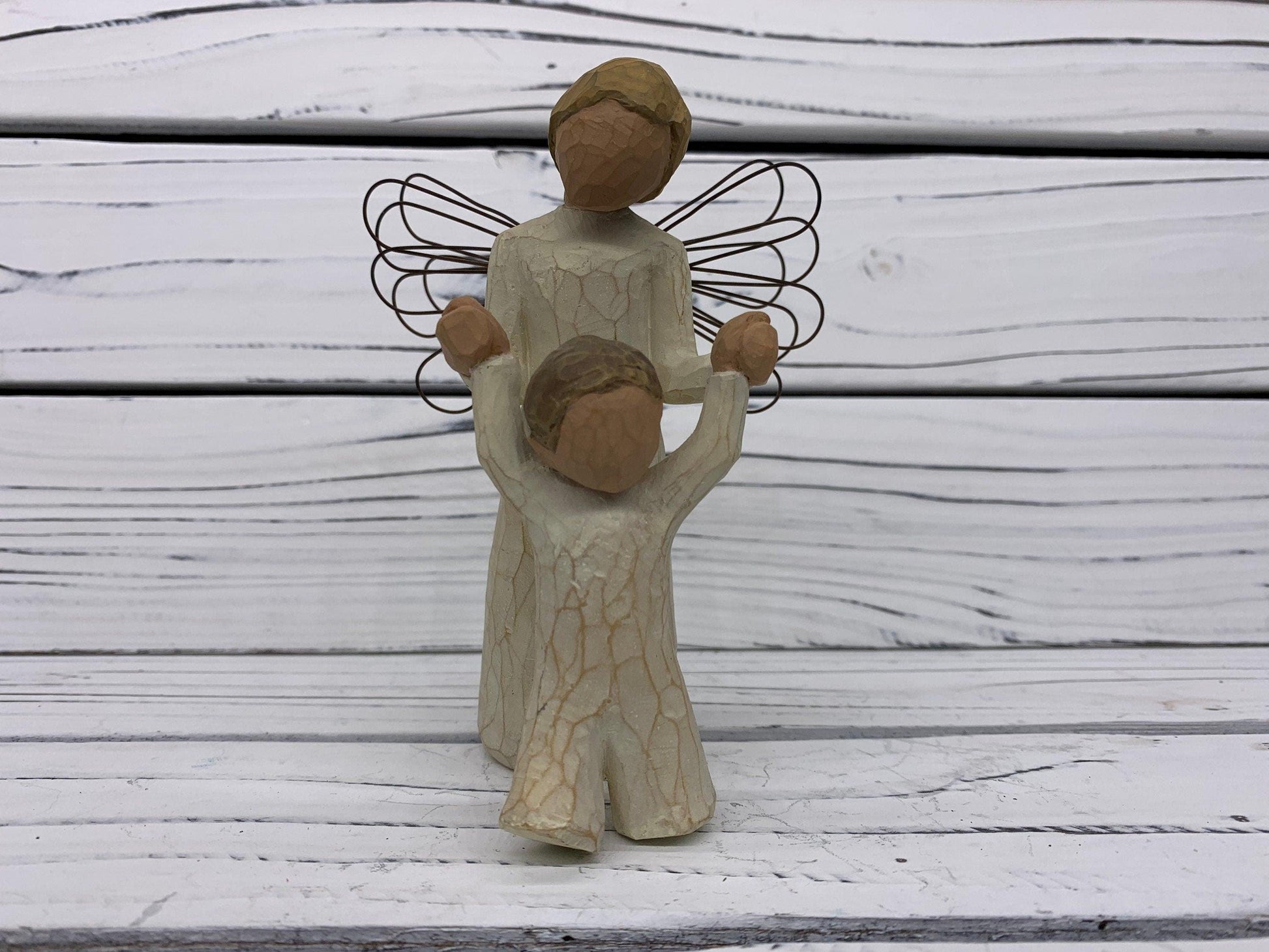 Willow Tree Guardian Angel, Vintage Knick Knack Collectible Figurine, Wood Angel With Wings and Boy -Located at Funkyhouse Vintage Antique Store, Weiser Idaho