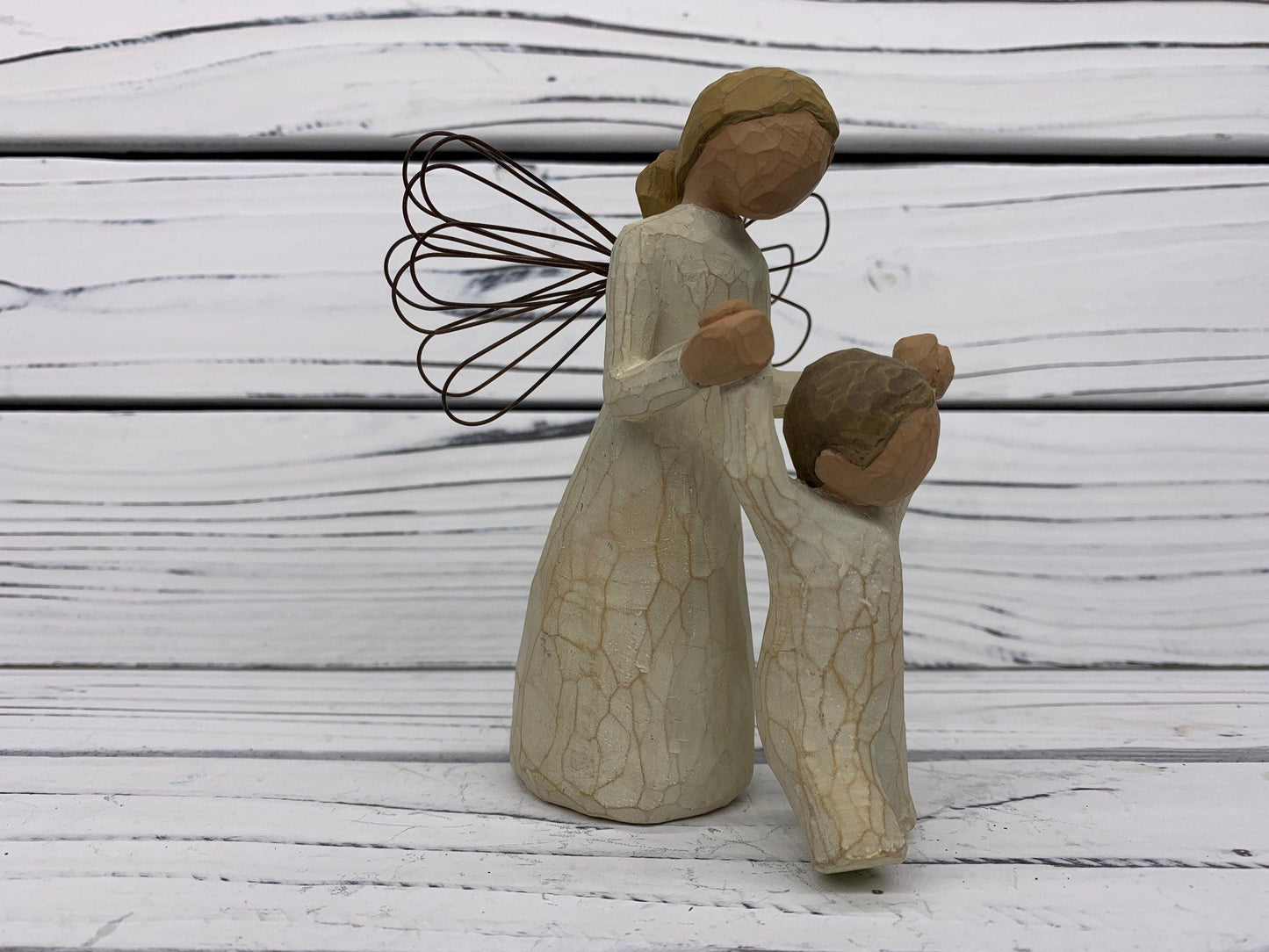 Willow Tree Guardian Angel, Vintage Knick Knack Collectible Figurine, Wood Angel With Wings and Boy -Located at Funkyhouse Vintage Antique Store, Weiser Idaho