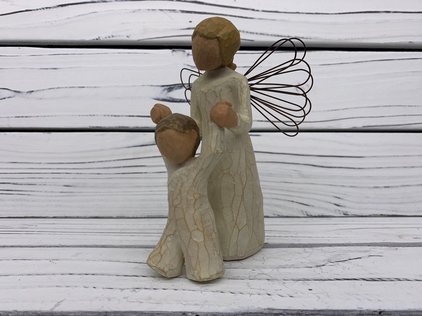 Willow Tree Guardian Angel, Vintage Knick Knack Collectible Figurine, Wood Angel With Wings and Boy -Located at Funkyhouse Vintage Antique Store, Weiser Idaho