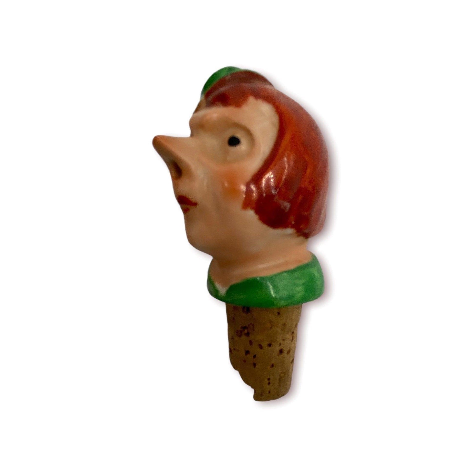Wood Bottle Stopper Hand Carved Barware, Vintage Funky Bar Ware Wine Cork, Funny Eclectic Kitchen Utensil, Red Hair Man Elf -Located at Funkyhouse Vintage Antique Store, Weiser Idaho