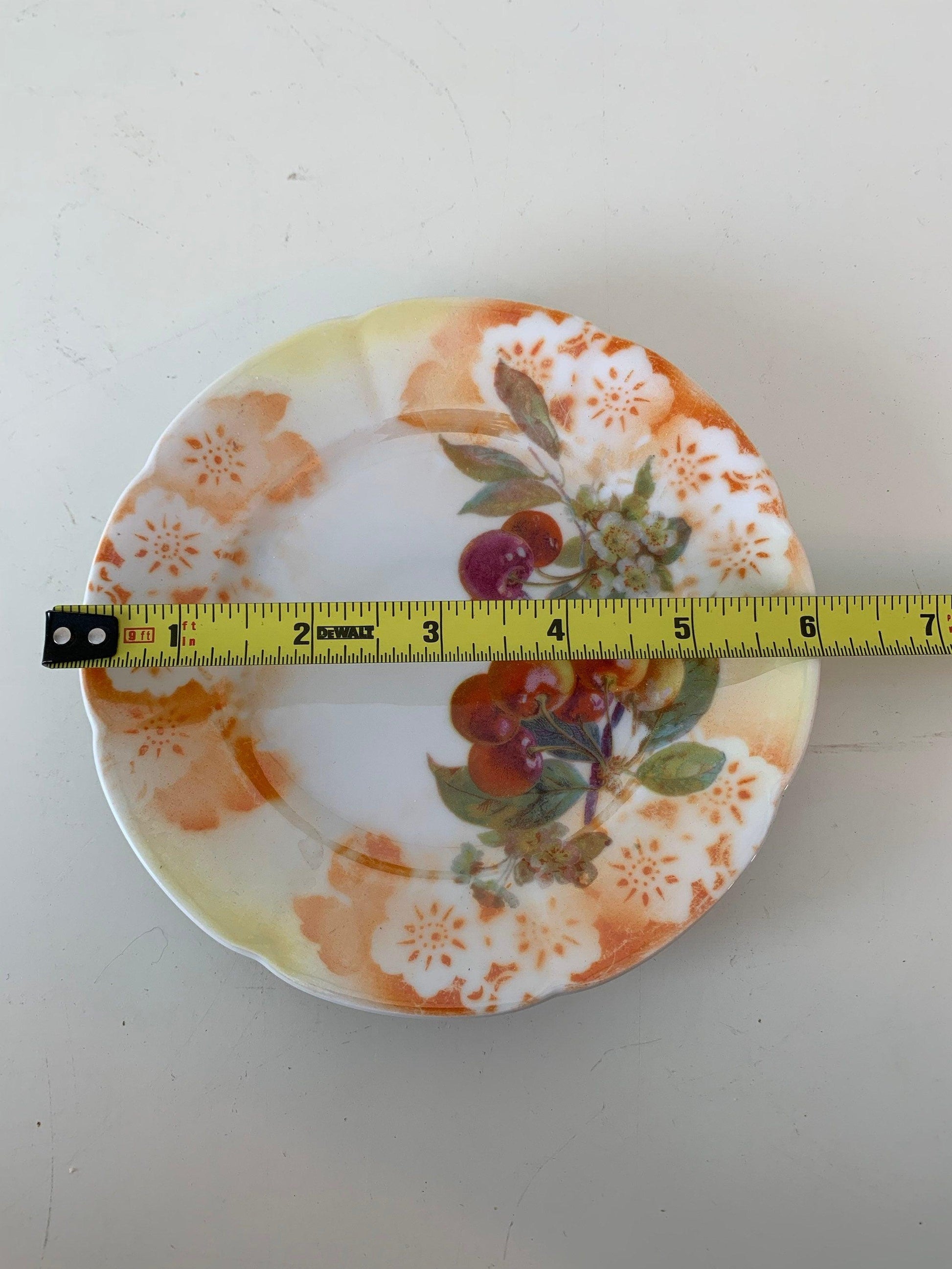 Vintage China Plate, Hand Painted With Cherry Design And Orange Flowers Edge, Vintage Porcelain Bread Plate -Located at Funkyhouse Vintage Antique Store, Weiser Idaho